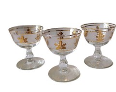 Set of 3 Vintage Libbey Frosted Gold Foliage Leaf Short Stemmed Glasses 4”