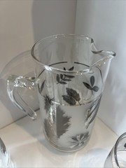 Atomic Era MCM Silver Leaf Frosted Glass Pitcher +4 Goblets VTG Cocktail Bar Set