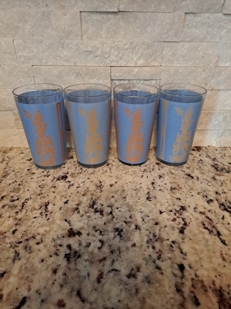 1960 Culver Blue Gold Siam Thai Goddess Drinking Glass Tumbler 5” Tall Set Of 4