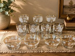 Vintage Ivy Bower Glassware Set Frosted White Rose Gold Rim 11 Pcs W/ Orig Box