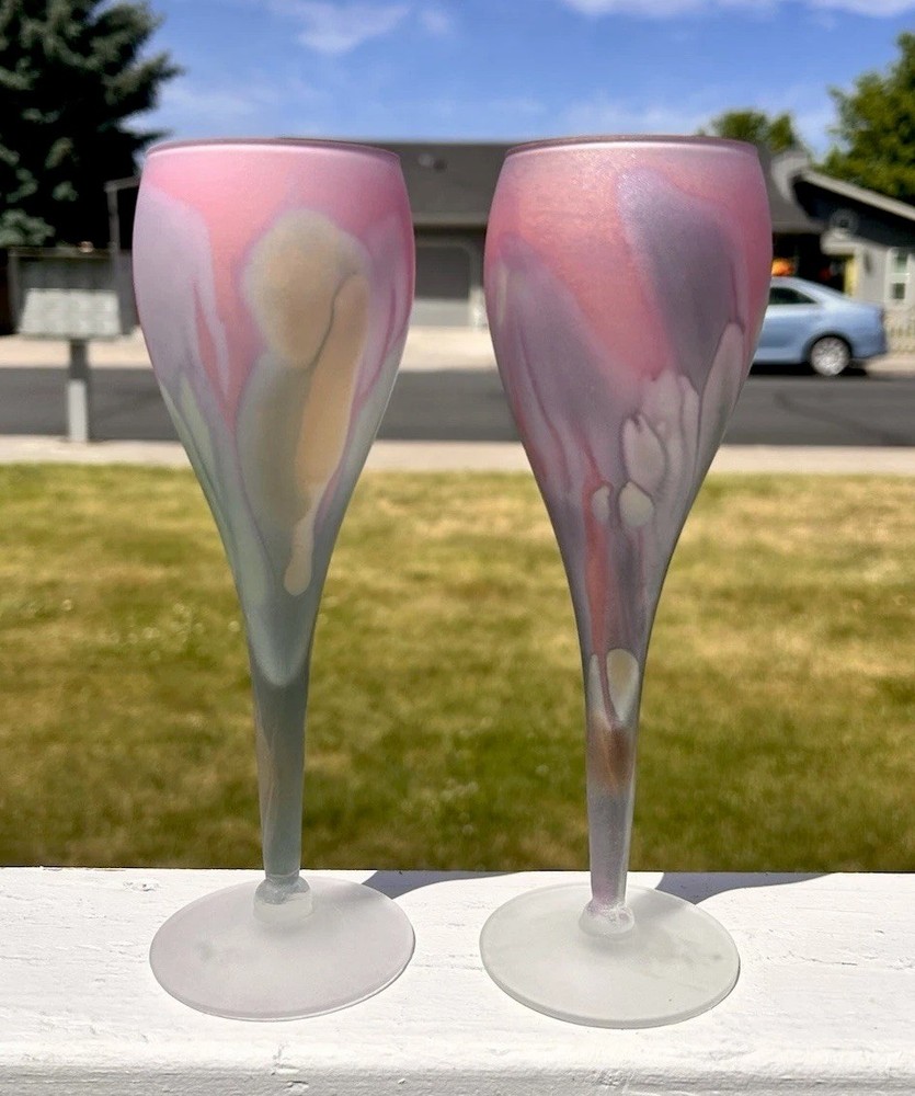 Rueven Art Nouveau Frosted Wine Glass Champagne Flute Set Of 2 Approx 7 3/4”H
