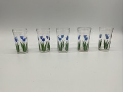 5 Vtg Swanky Swigs Juice Glasses Blue Tulips 3 3/4” T