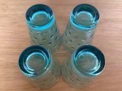 Hazel Atlas 4 Juice Cocktail Glasses Blue Capri Dot UV Glow Optic Dots Bar