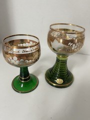 Lot of two German beehives stand Wine glasses with gold paint. Green Stems.