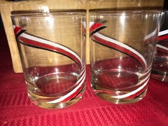 6 ATELIER VITREON 14oz Rocks Glass SWIRL Hand Painted White Red Black Striped 4″