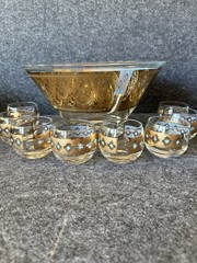 9-Piece Clear Glass Punch Bowl Set Round Gold & Blue Geometric Pattern
