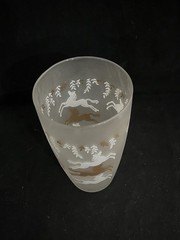 Libbey Cavalcade 3 Glasses W/cocktail Mixer Frosted Gold & White Jumping Horse