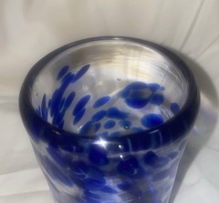 Hand Blown Glass Tumbler Clear With Blue Spots/ Gold Highlights 4 3/4”
