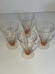 Set of 4 Depression Era 1940s Pink Etched Floral Glasses, Tapered Shape