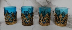 Antique Miniature Glasses Shot Blue Glass in Ornate Brass Filigree Holders