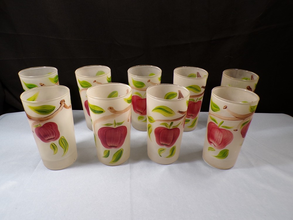 Set of 9 Clear Frosted Glass Tumblers w/ Apples Design Painted On Them 5 1/8″