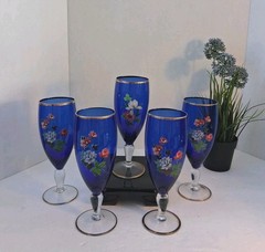 VTG Bohemian Cobalt Blue Wine Crystal Goblets; Hand Painted Floral Enamel