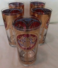 4 MCM Cera Glass Tumblers Glasses Fruit Merlot Burgundy Gold Trim Highball Set