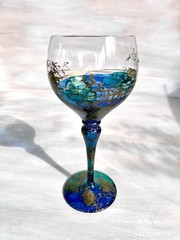 Vintage Mouth Blown Hand Painted Art Glass Wine Goblet 7” Romania