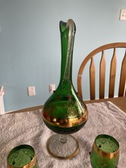 Vintage Rare emerald green And Gold glass decanter Set