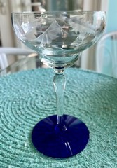 Weston Louie Glass Optic Etched Champagne goblet w/cobalt blue foot 6 Oz