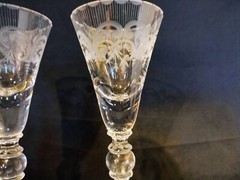 Set of 2 Vintage Etched Blown Glass Tall Stem Cordials Vertical Cuts Swags Dots