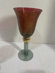 2 Amber Cordial Glass With Green Stem And Gold Accents