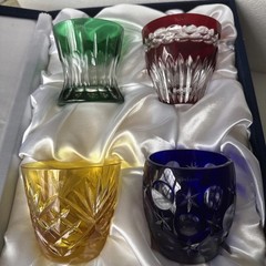 FABERGE CRYSTAL NA ZDOROVYE SET OF 4 VODKA/WISKEY COLORED GLASSES, ENGRAVED, NEW