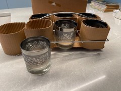 NOS MCM Set 6 Queens Lusterware Silver Fade Filigree Cocktail Glasses w/Caddy