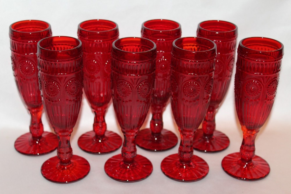 NEW! PIONEER WOMAN Red ADELINE 7-7/8″ Footed Champagne Flutes Glasses Set of 8