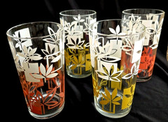 Glasses MCM VTG Tumblers set of 4 Orange Yellow White Leaf Pattern 12 oz