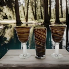 2Hand Blown Murano-Style Swirl Cased Wine Water Goblets Amber Brown & Vase