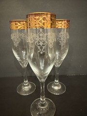 (3) Bernini 24K GOLD Trim Etched Blown Crystal Champagne Glasses 8 1/8” T