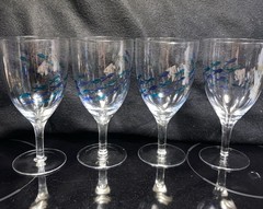 4 Abbott Collection SCHOOL OF FISH Goblets Etched & Painted Blue & Green 7.5″T