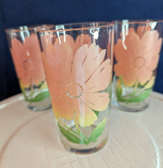3 Vtg MCM Federal Glass Pink Hibiscus Flower 5″ Tumblers Glasses Summer Floral