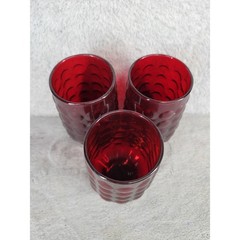 Set of 3 Vintage Ruby Red Bubble Glass Juice Tumblers 4 Inch MCM Retro Drinkware
