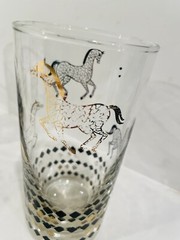 Set Of 4 MCM Clear Glass Tumbler Glasses With Black And Gold Horses Mid Century