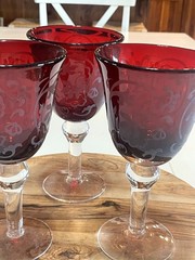 Vintage Large Red & Clear Glass Goblets, Etched White Filigree, set of 3, EUC