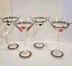4 Poker Martini Glasses Heart Club Spade Diamond Playing Card Suits Handpainted