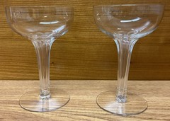 Champagne Coupe Glasses (2) Hollow Stem Clear Petal Cut Blown Vintage MCM 5 1/4”