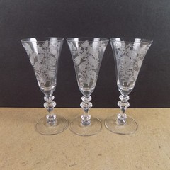 3 Tiffin Fuchsia Etched Sherry Glasses 5-3/8″ Tall VGC Stem 15083