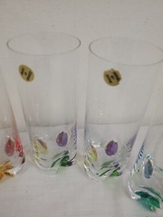 France Crystal Tumblers (5) Colored Projection Kaleidoscope Base 6 3/4″