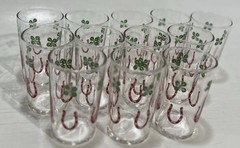 Vintage Lucky Horseshoe Shamrock Glasses Set of 12 Mid Century Barware Irish