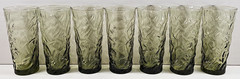 7) Libbey Aztec Olive Green 12 Oz Tumblers Lot Vintage Textured Crinkled MCM Lot