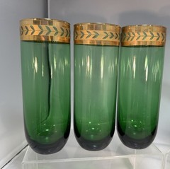 6-VTG MCM EMERALD GREEN TOM COLLINS GLASSES W GOLD LEAF RIM DESIGN