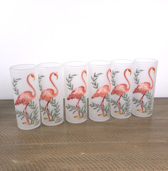 Set of 6 Vtg 60’s Gay Fad Hand Painted Flamingo Collins Glasses Frosted 6″