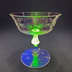 Vintage Uranium Glass Etched Laurel Leaf Champagne Coupes Vaseline Stem Cups Set