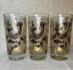 Lotus “Bon Appetite” Set Of 8 Glasses W/Carrier Fish Lobster MCM Vintage NOS