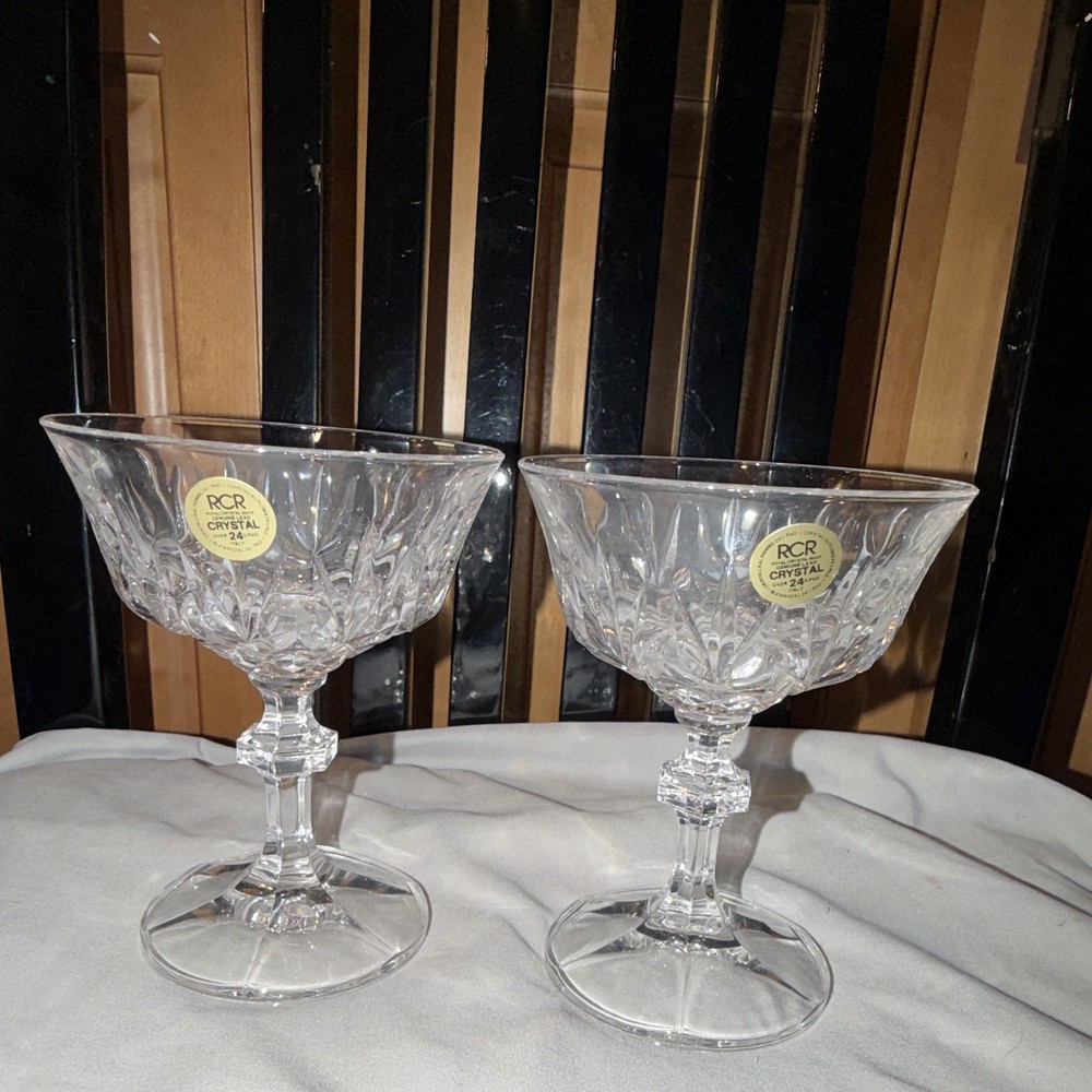 RCR Italian Crystal Cut Glass Goblets, Clear Decorative Round Set of 2