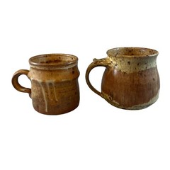 VTG. Handcrafted Pyrite Sandstone Speckled Glaze Pottery Signed Mug Cup Set of 2