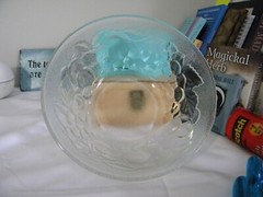 Glass Bowl w/fruit molded outside Stamped Italy 3 1/2″ height, 8 1/4″ diameter