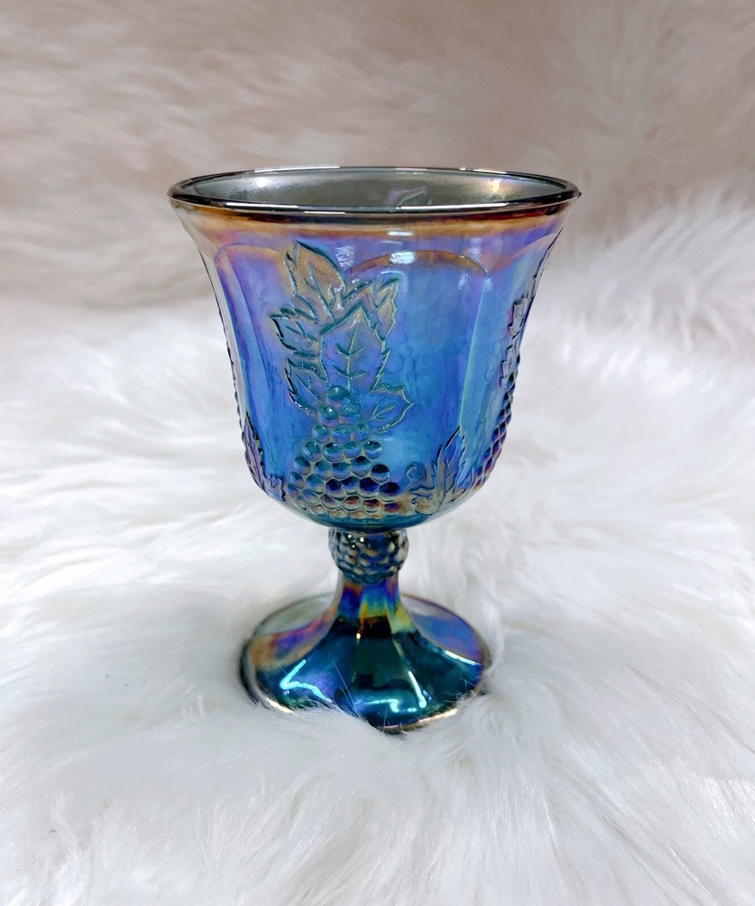 vintage Harvest carnival Indiana glass Blue rainbow goblet wine glass