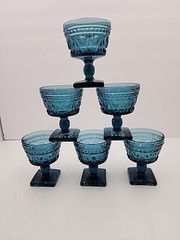 Vtg MCM Indiana Glass Aqua Blue Park Lane Colony Footed Sherbet Glasses 6pc 4.4″