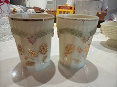 2 Northwood Chrysanthemum Sprig Custard Glass Tumblers Gold Gilt