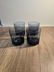 Set of 4 LIBBEY Facets Dusky Cobalt Blue Old Fasioned Octagon Shape Glasses